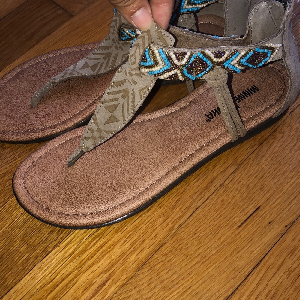 Minnetonka Brown Sandals with Blue Bead Accents